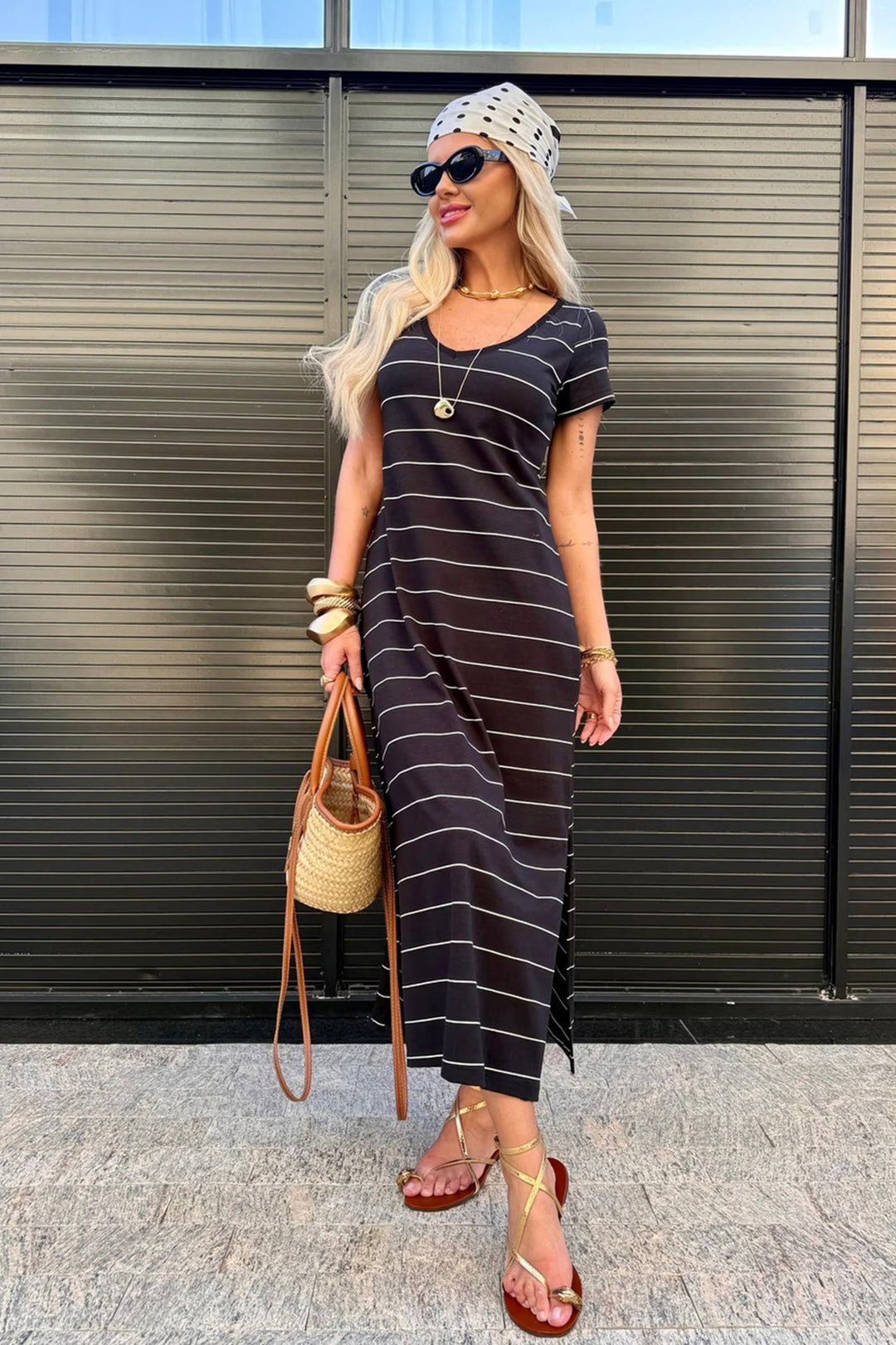 Stripe Short Sleeve Side Slit Maxi Dress