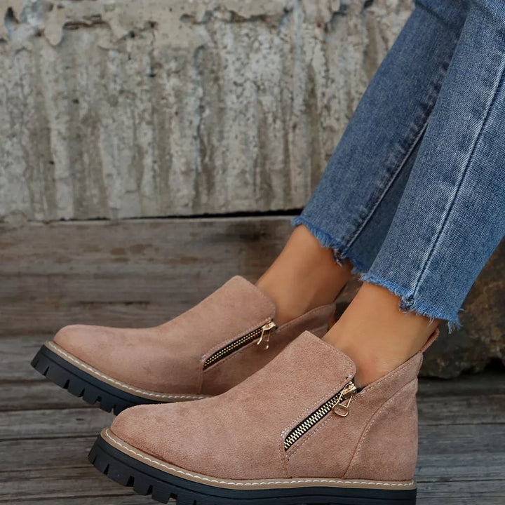 Faux-Fur-Lined Suede Ankle Boots with Zipper Detail