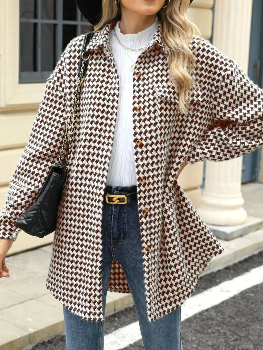 Houndstooth Longline Coat | Button-Up Long Sleeve Jacket