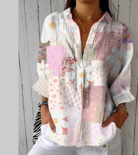 3D Floral Print Lapel Blouse | Stretch Cardigan Top
