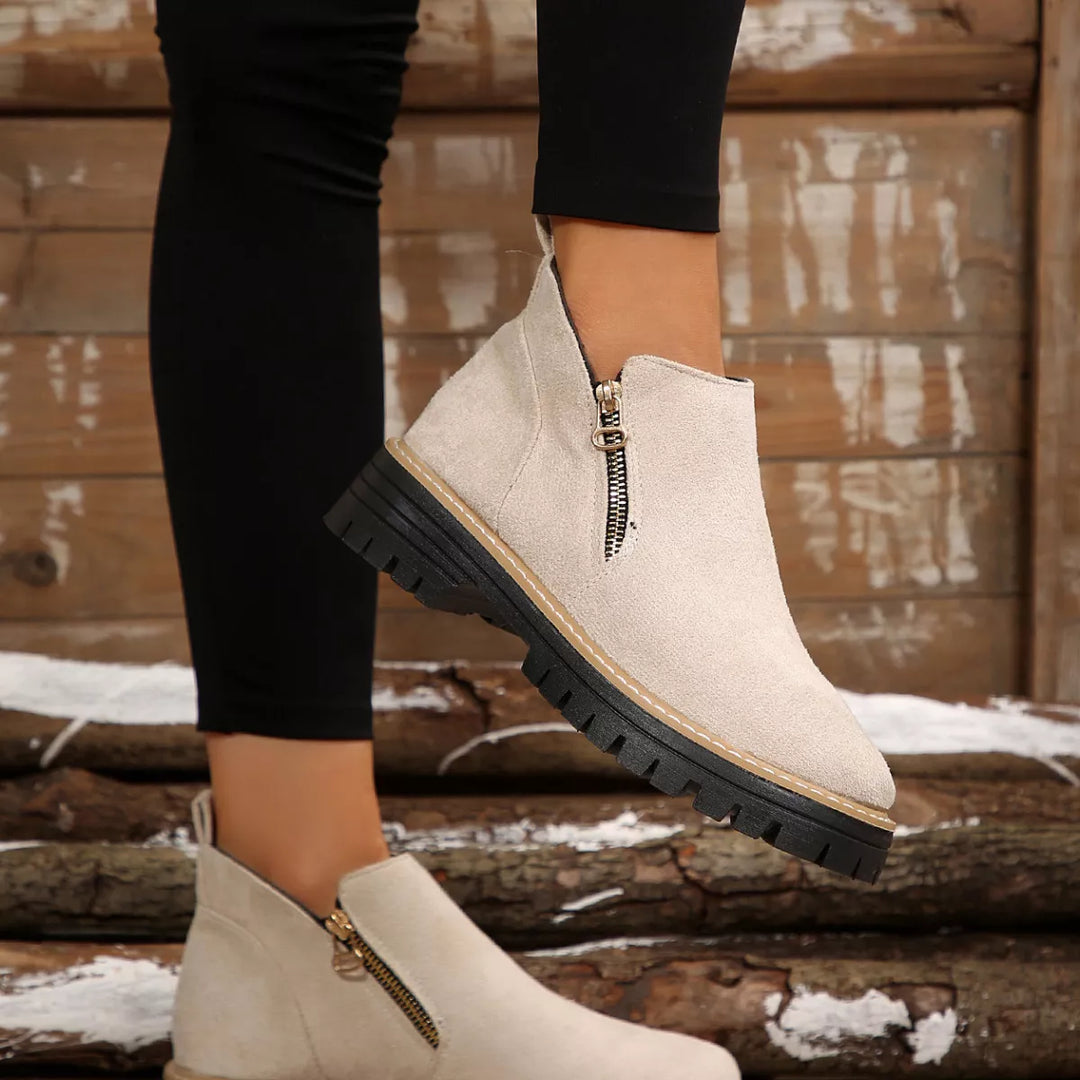 Side-Zip Suede Ankle Boots with Mid Heel