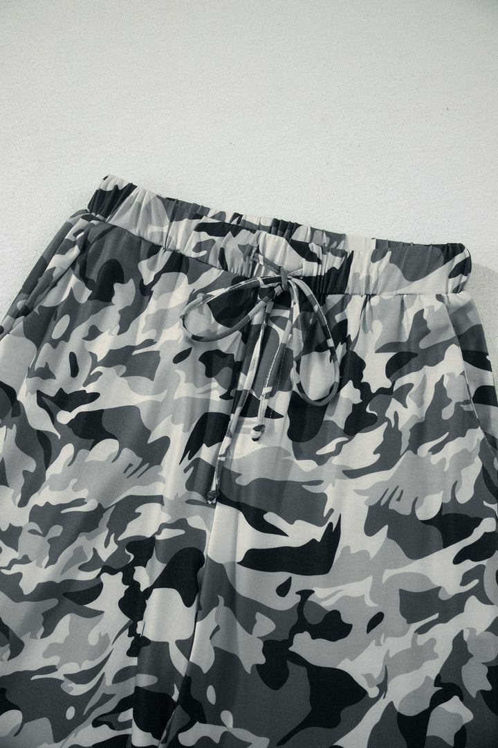 Camo Drawstring High Waist Wide Leg Pants