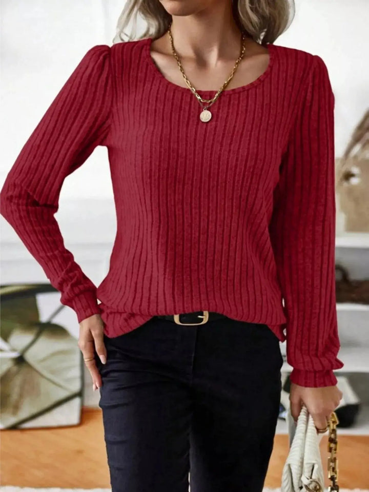 Ribbed Knit Puff Shoulder Long Sleeve Top