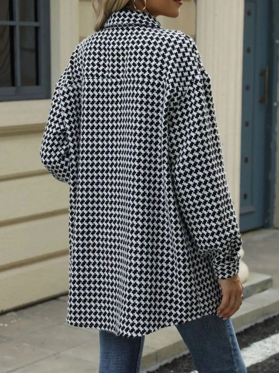 Houndstooth Longline Coat | Button-Up Long Sleeve Jacket