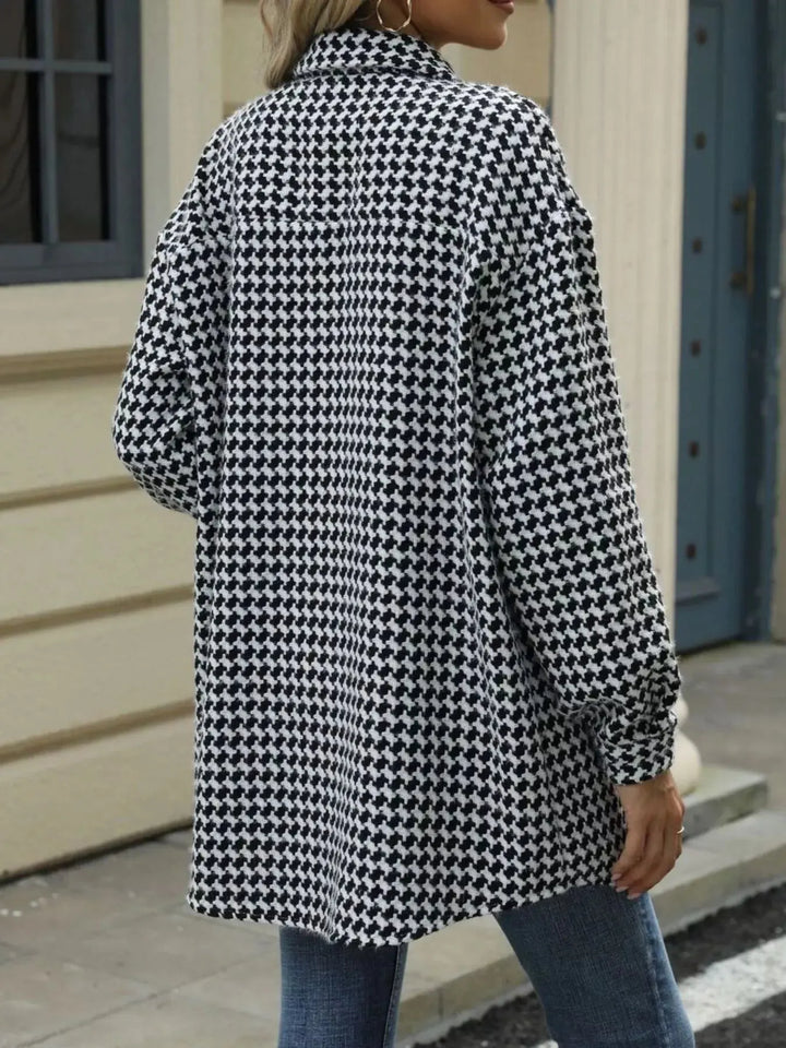 Houndstooth Longline Coat | Button-Up Long Sleeve Jacket
