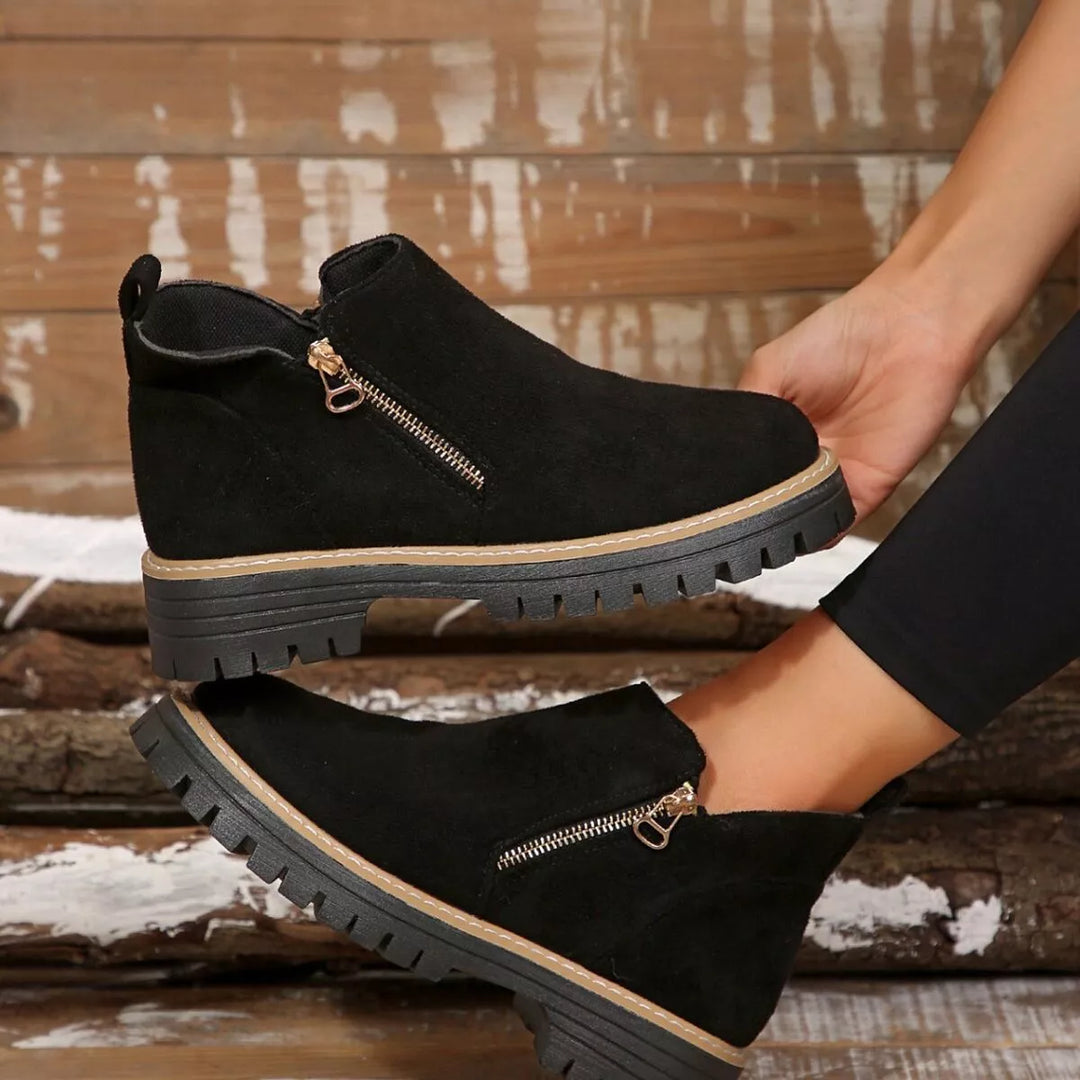 Side-Zip Suede Ankle Boots with Mid Heel