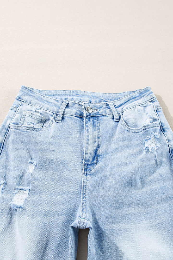 Light Wash Distressed Cuffed Wide Leg Jeans