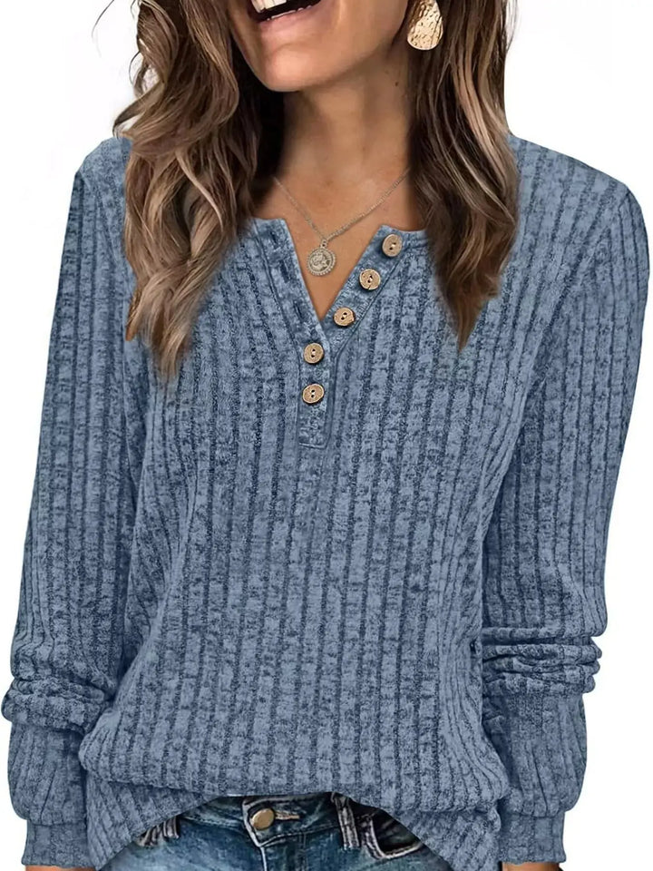 Ribbed Knit Button-Front Long Sleeve Top