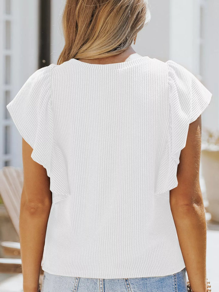 Ruffled Sleeve Ribbed Knit Tee