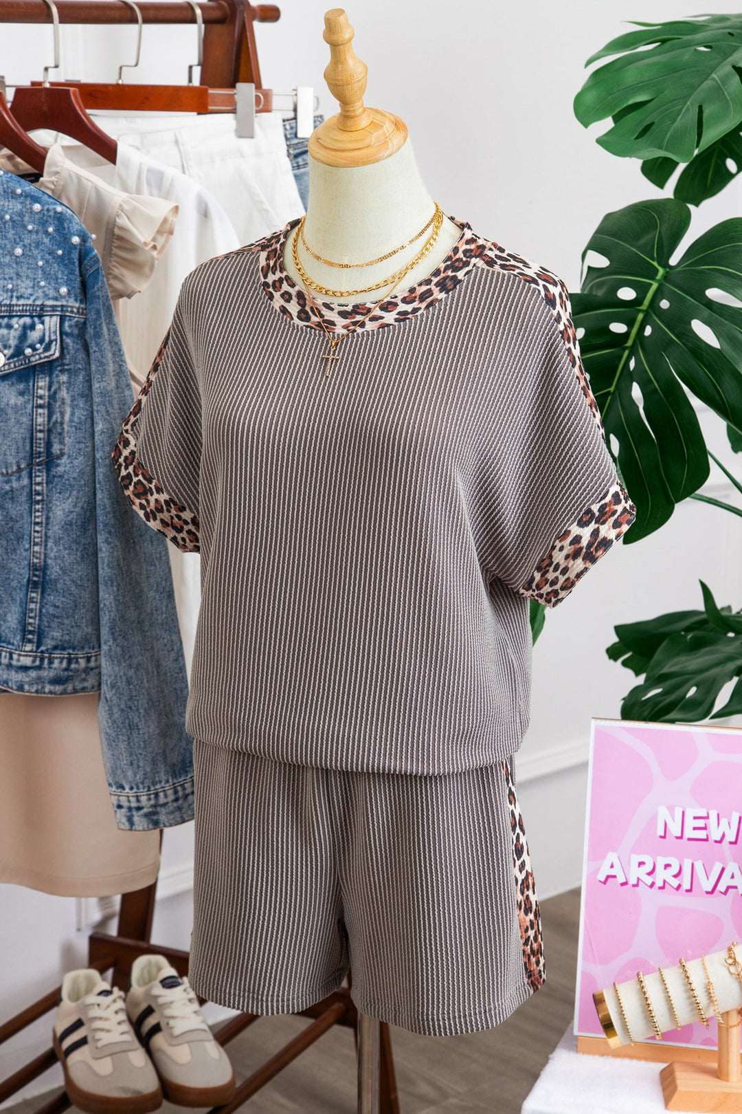 Leopard Trim Corded Top &amp; Shorts Set