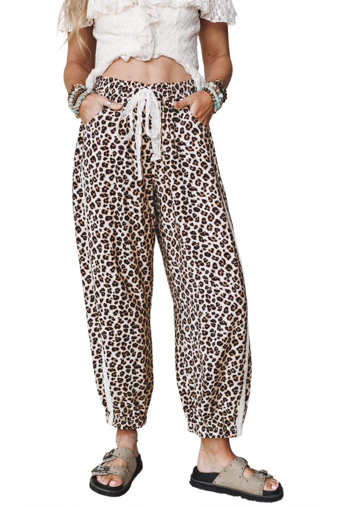 Leopard Print Jogger Pants with Elastic Waist &amp; Side Stripe