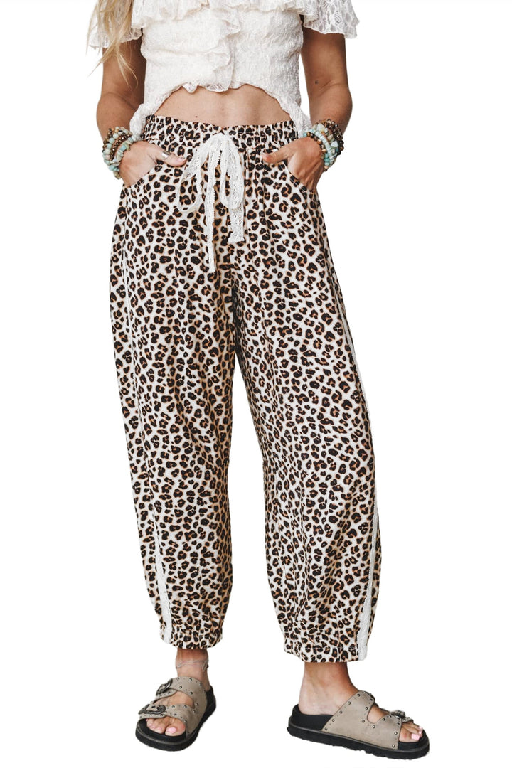 Leopard Print Jogger Pants with Elastic Waist &amp; Side Stripe
