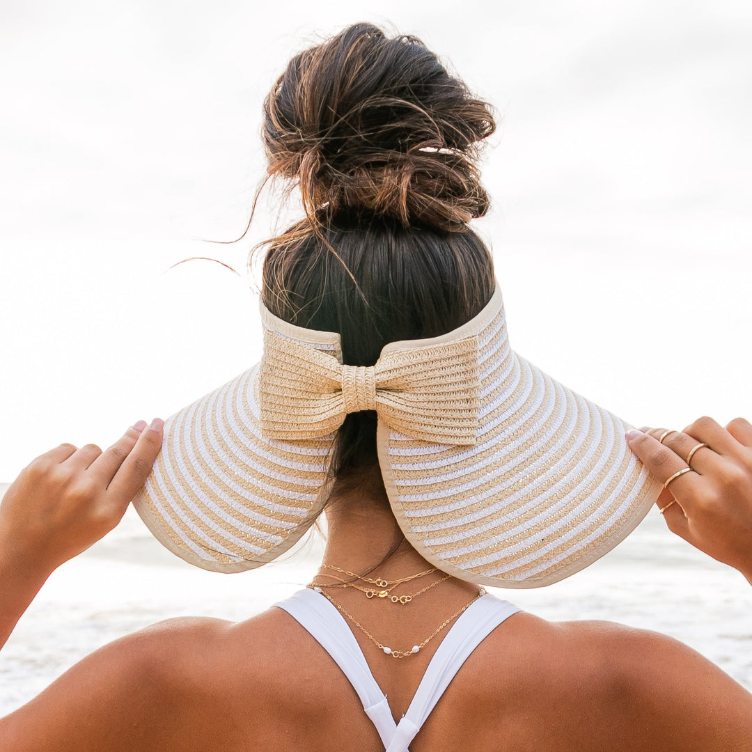 Foldable Straw Sun Visor | Bow &amp; Stripe Boho Beach Hat