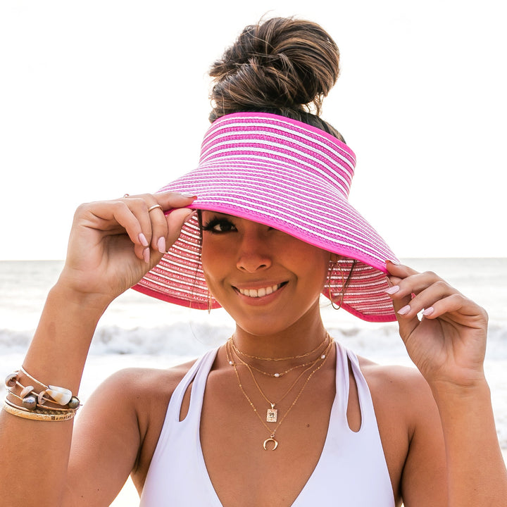 Foldable Straw Sun Visor | Bow &amp; Stripe Boho Beach Hat
