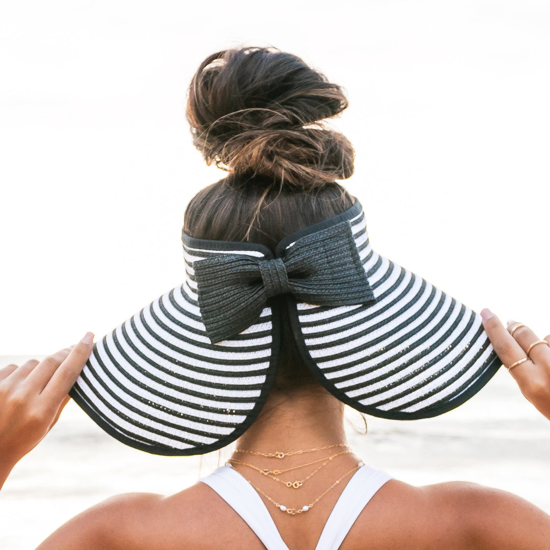 Foldable Straw Sun Visor | Bow &amp; Stripe Boho Beach Hat