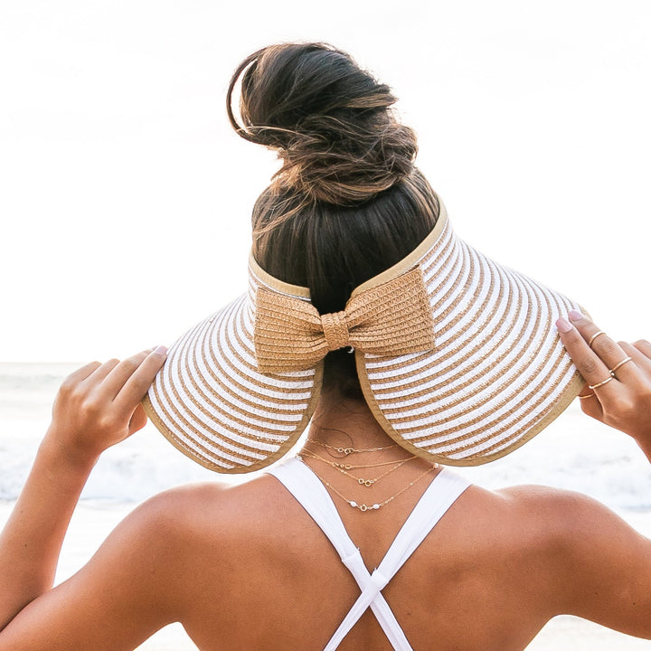 Foldable Straw Sun Visor | Bow &amp; Stripe Boho Beach Hat