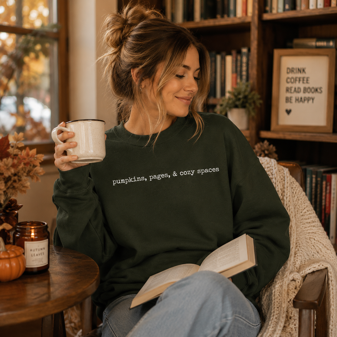 Pumpkins, Pages &amp; Cozy Spaces Crewneck Sweatshirt | 5 Colors | S–5XL