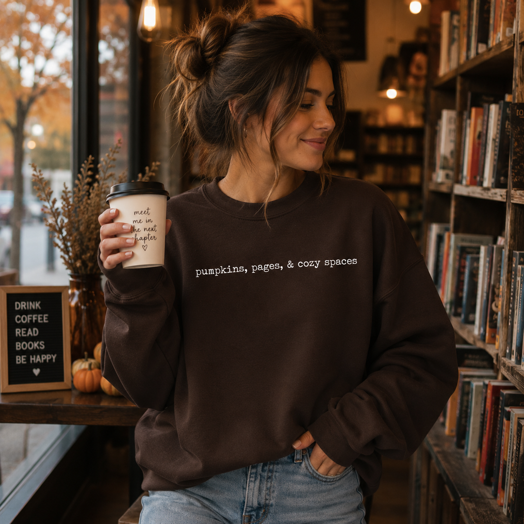 Pumpkins, Pages &amp; Cozy Spaces Crewneck Sweatshirt | 5 Colors | S–5XL