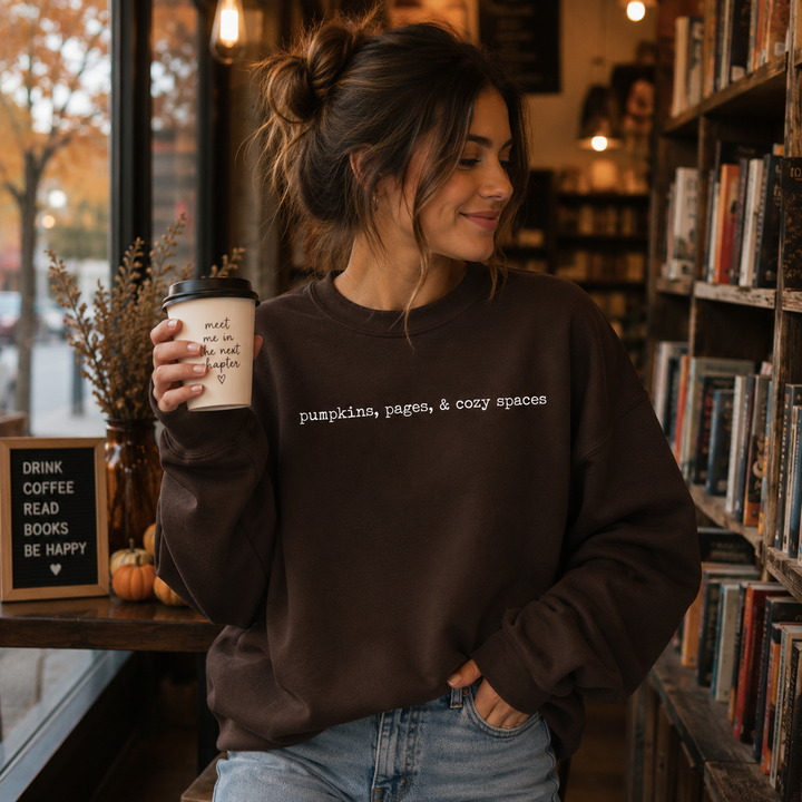 Pumpkins, Pages &amp; Cozy Spaces Crewneck Sweatshirt | 5 Colors | S–5XL