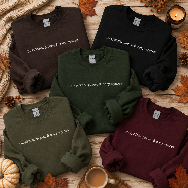 Pumpkins, Pages &amp; Cozy Spaces Crewneck Sweatshirt | 5 Colors | S–5XL