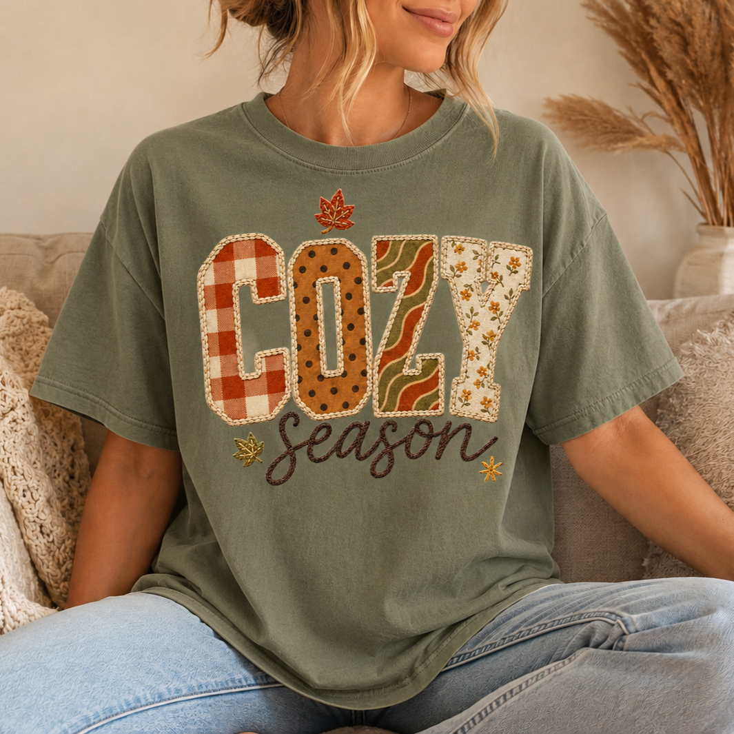 Cozy Season Patchwork Pattern Comfort Colors Tee | Fall Graphic T-Shirt