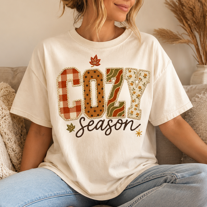 Cozy Season Patchwork Pattern Comfort Colors Tee | Fall Graphic T-Shirt