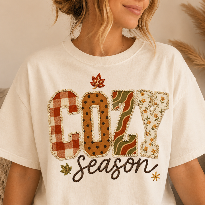 Cozy Season Patchwork Pattern Comfort Colors Tee | Fall Graphic T-Shirt