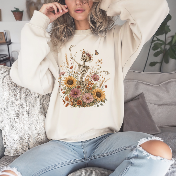 Boho Floral Skeleton Crewneck Sweatshirt | 5 Colors | S–5XL