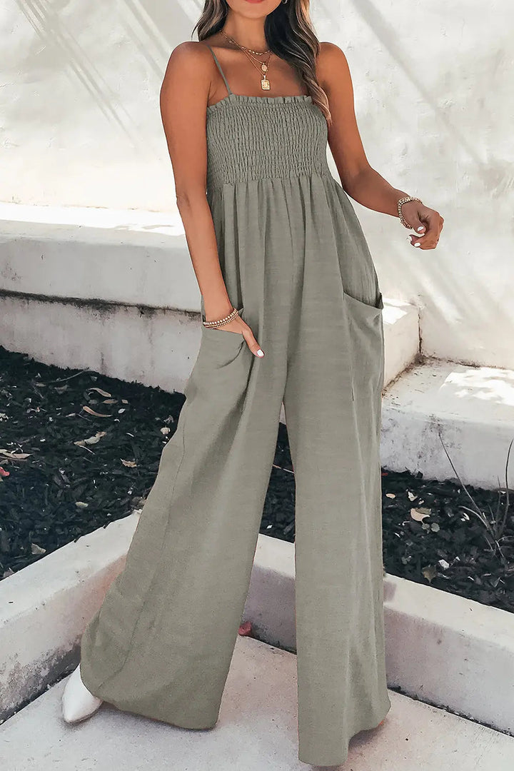 Smocked Spaghetti Strap Wide-Leg Jumpsuit