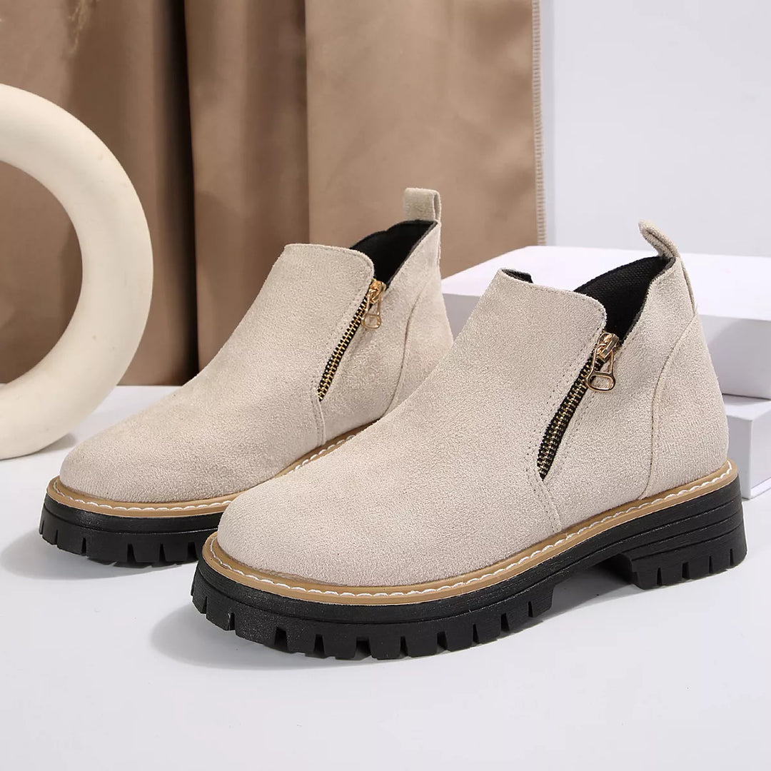 Side-Zip Suede Ankle Boots with Mid Heel