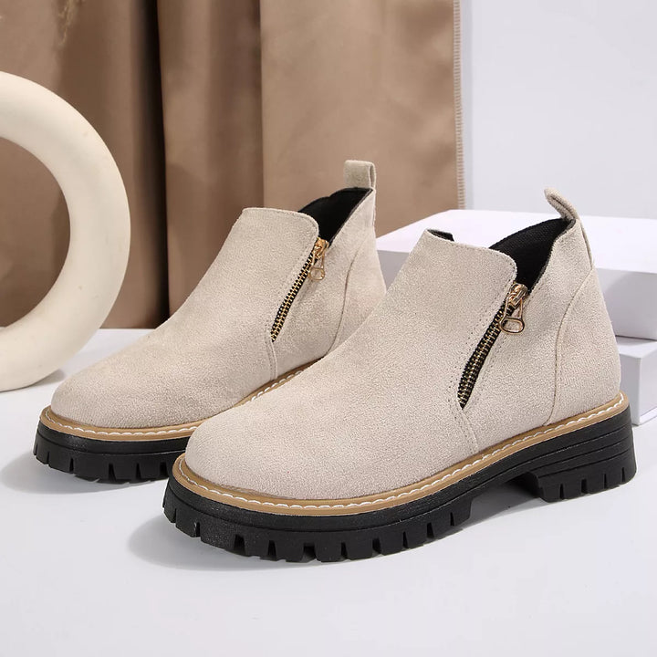 Side-Zip Suede Ankle Boots with Mid Heel