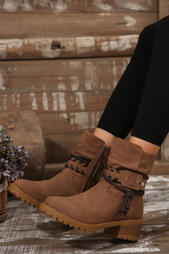Mila Woven Strap Side-Zip Suede Boots