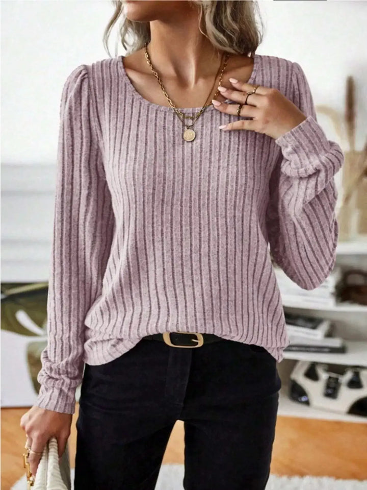Ribbed Knit Puff Shoulder Long Sleeve Top