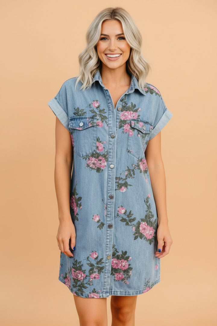 Floral Denim Cuffed Sleeve Dress