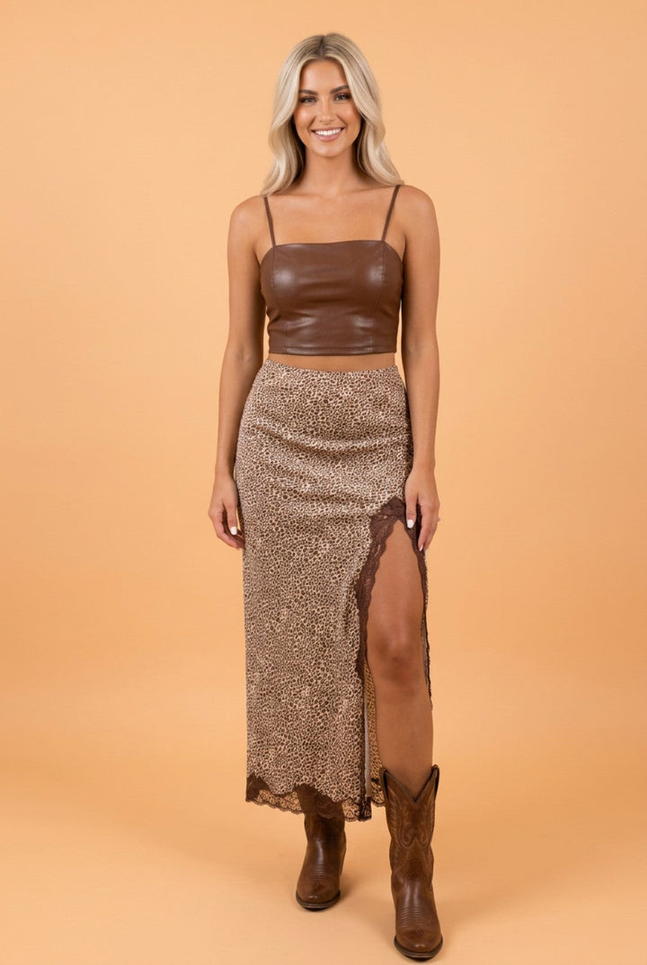 Cheetah Print Lace Trim High-Split Maxi Skirt