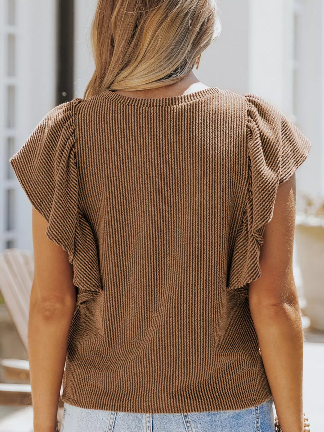 Ruffled Sleeve Ribbed Knit Tee