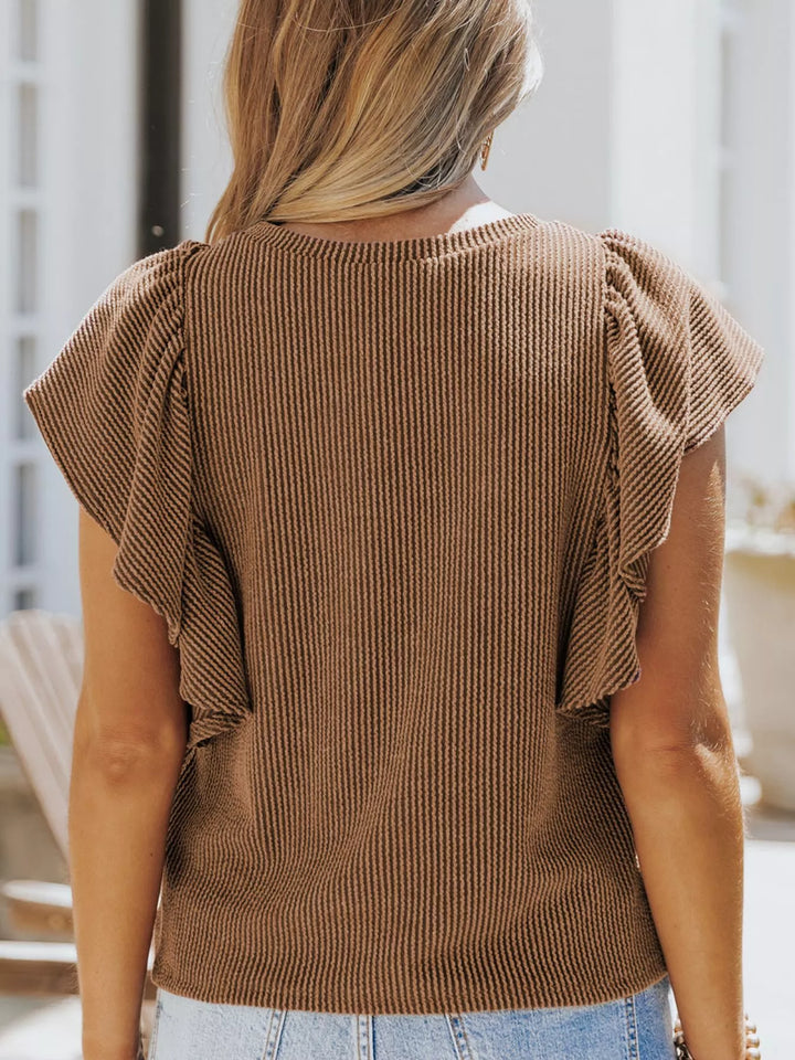 Ruffled Sleeve Ribbed Knit Tee