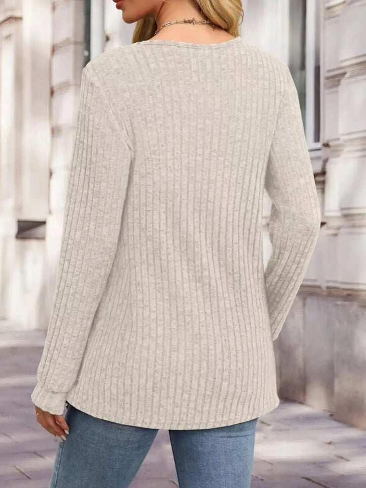 Ribbed Knit Button-Front Long Sleeve Top