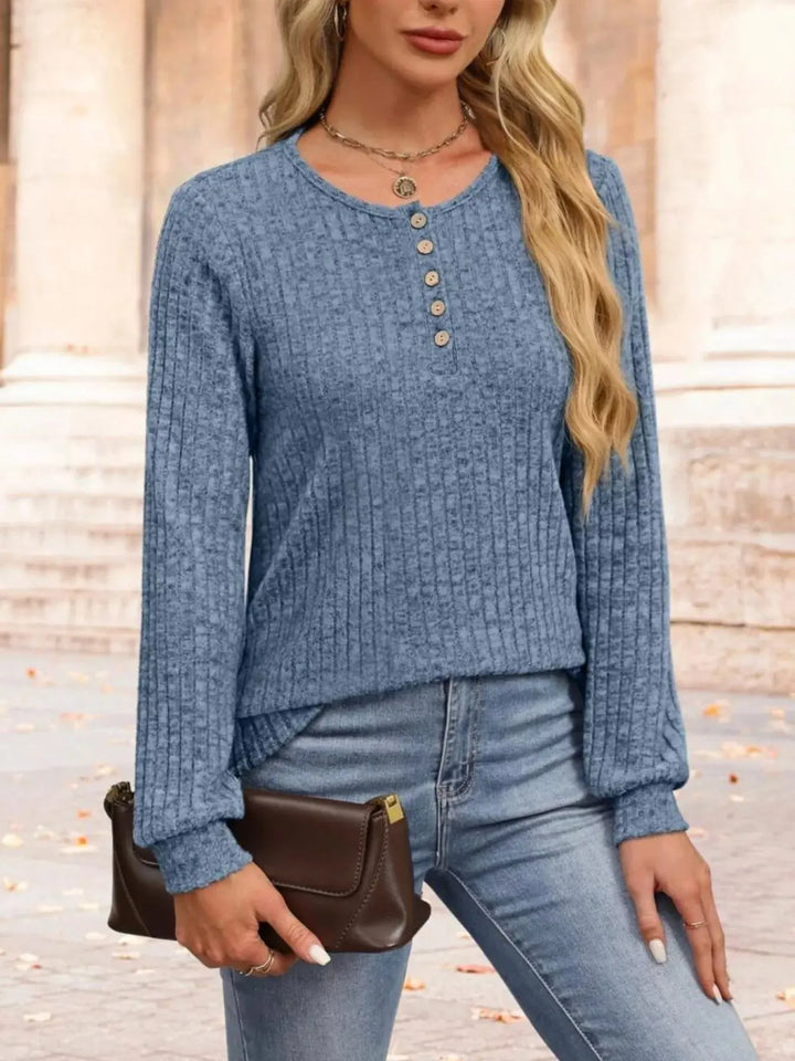 Ribbed Knit Button-Front Long Sleeve Top