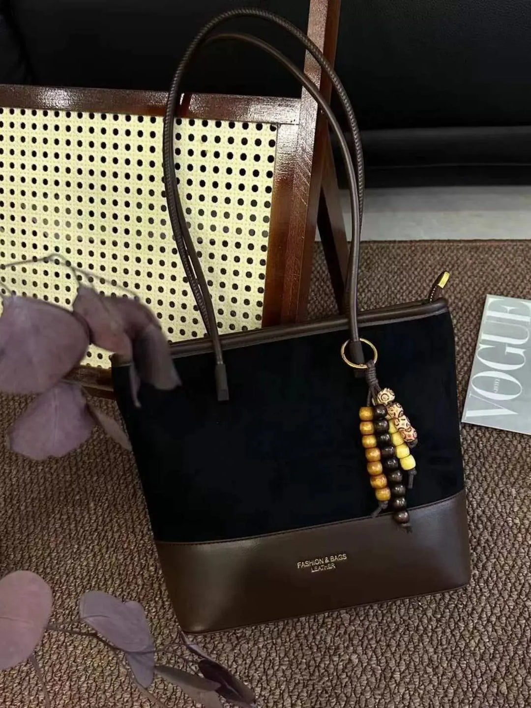 Color Block Suede Shoulder Bag with Wooden Bead Charm