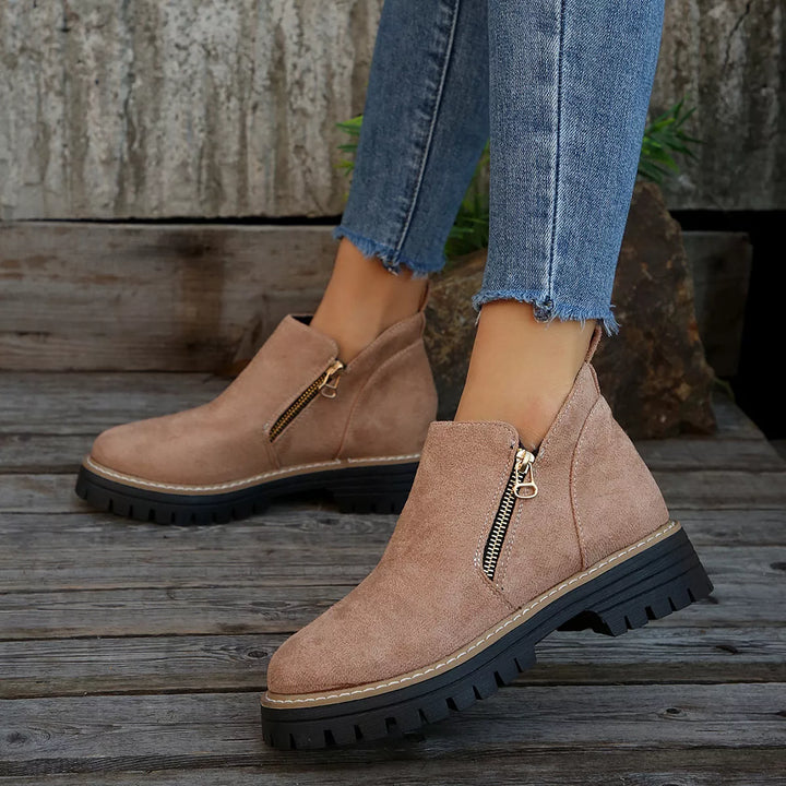 Faux-Fur-Lined Suede Ankle Boots with Zipper Detail