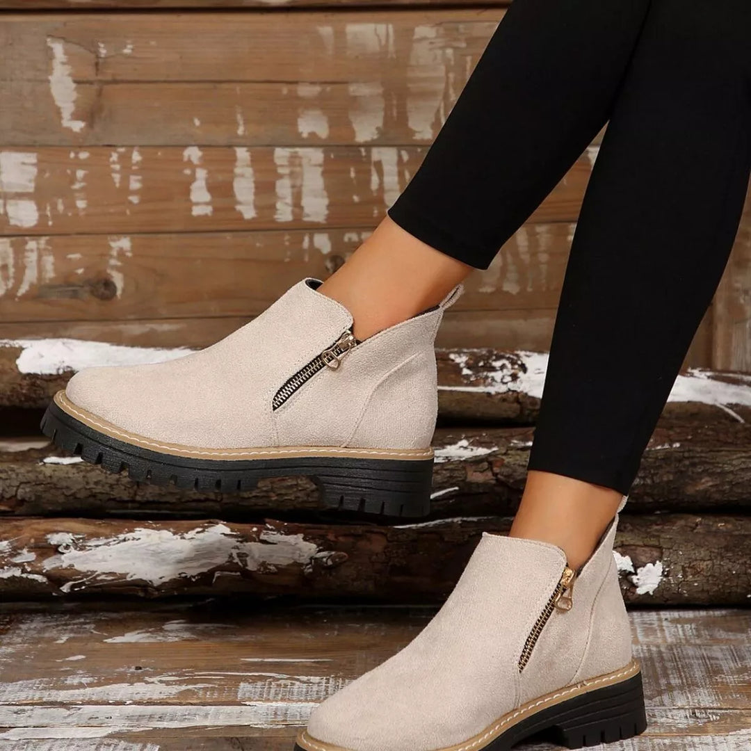 Side-Zip Suede Ankle Boots with Mid Heel