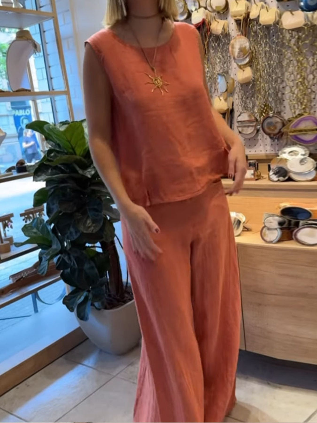 Round Neck Tank &amp; Wide-Leg Pants Set
