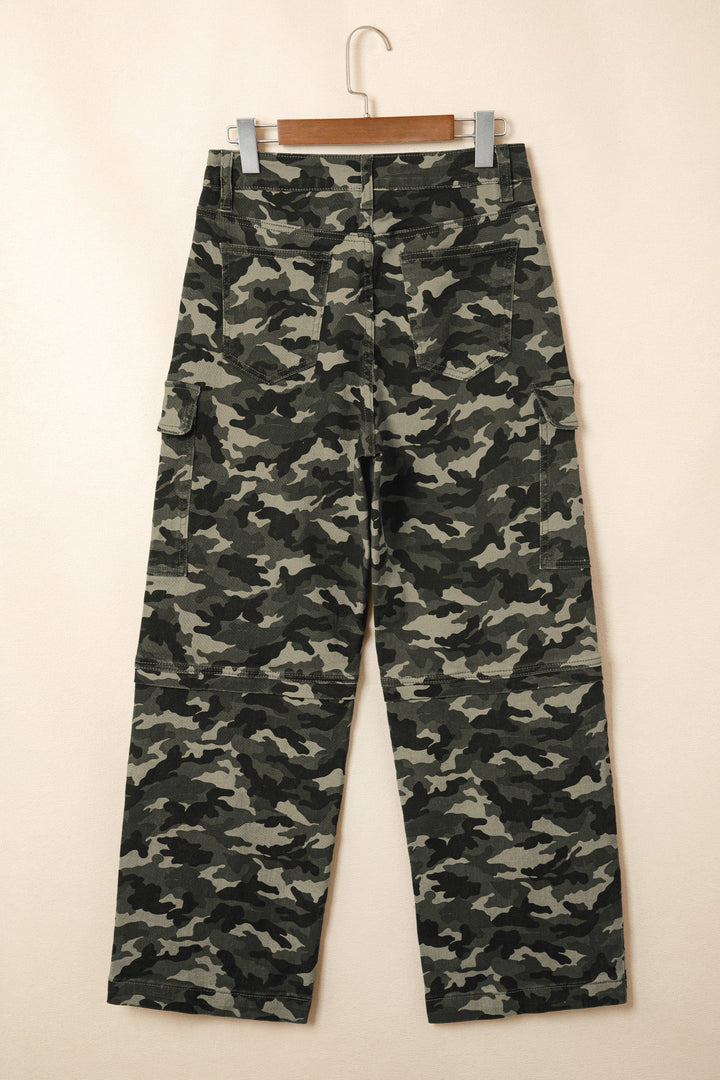 Camo Denim Cargo Pocket Wide Leg Pants