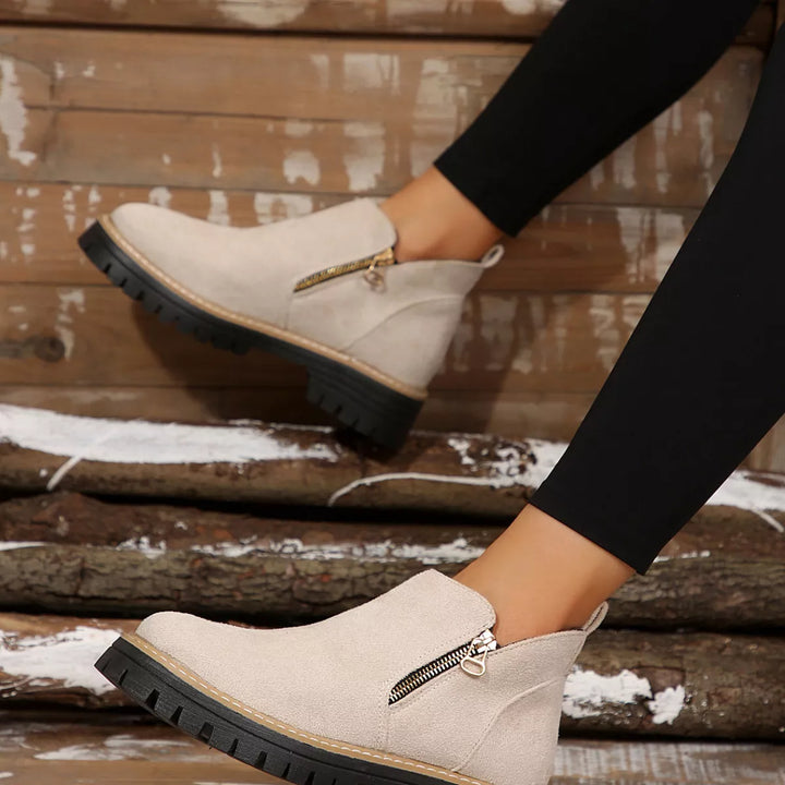 Side-Zip Suede Ankle Boots with Mid Heel