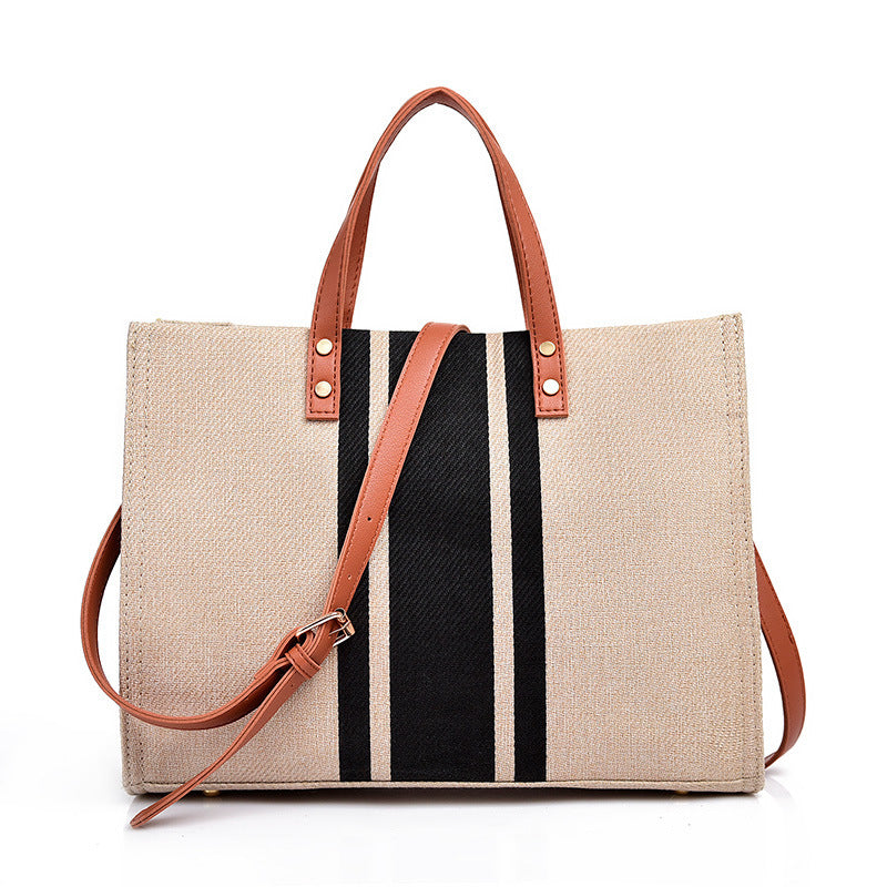 Canvas &amp; Vegan Leather Stripe Tote Bag with Crossbody Strap