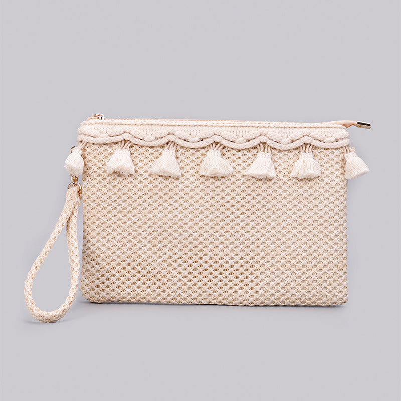 Woven Straw Crochet Clutch with Macramé Tassel &amp; Wristlet