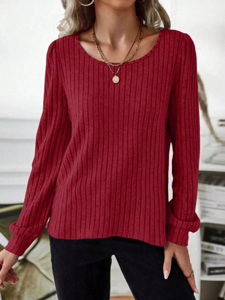 Ribbed Knit Puff Shoulder Long Sleeve Top