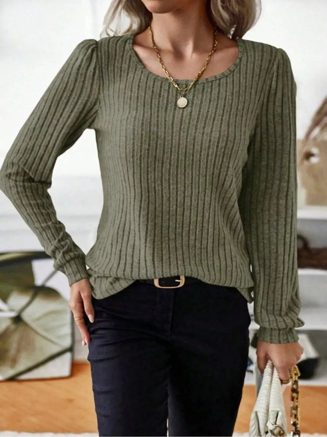 Ribbed Knit Puff Shoulder Long Sleeve Top