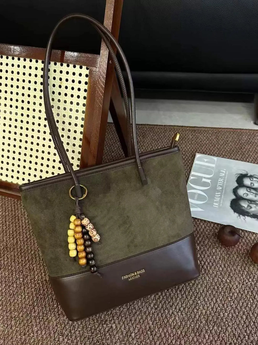 Color Block Suede Shoulder Bag with Wooden Bead Charm